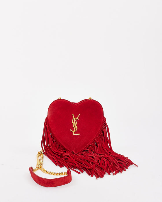 Saint Laurent Red Suede Love Heart Fringed Shoulder Bag