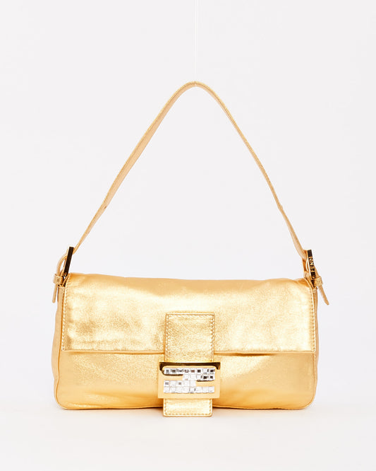 Fendi Gold Leather Crystal Buckle Baguette Bag