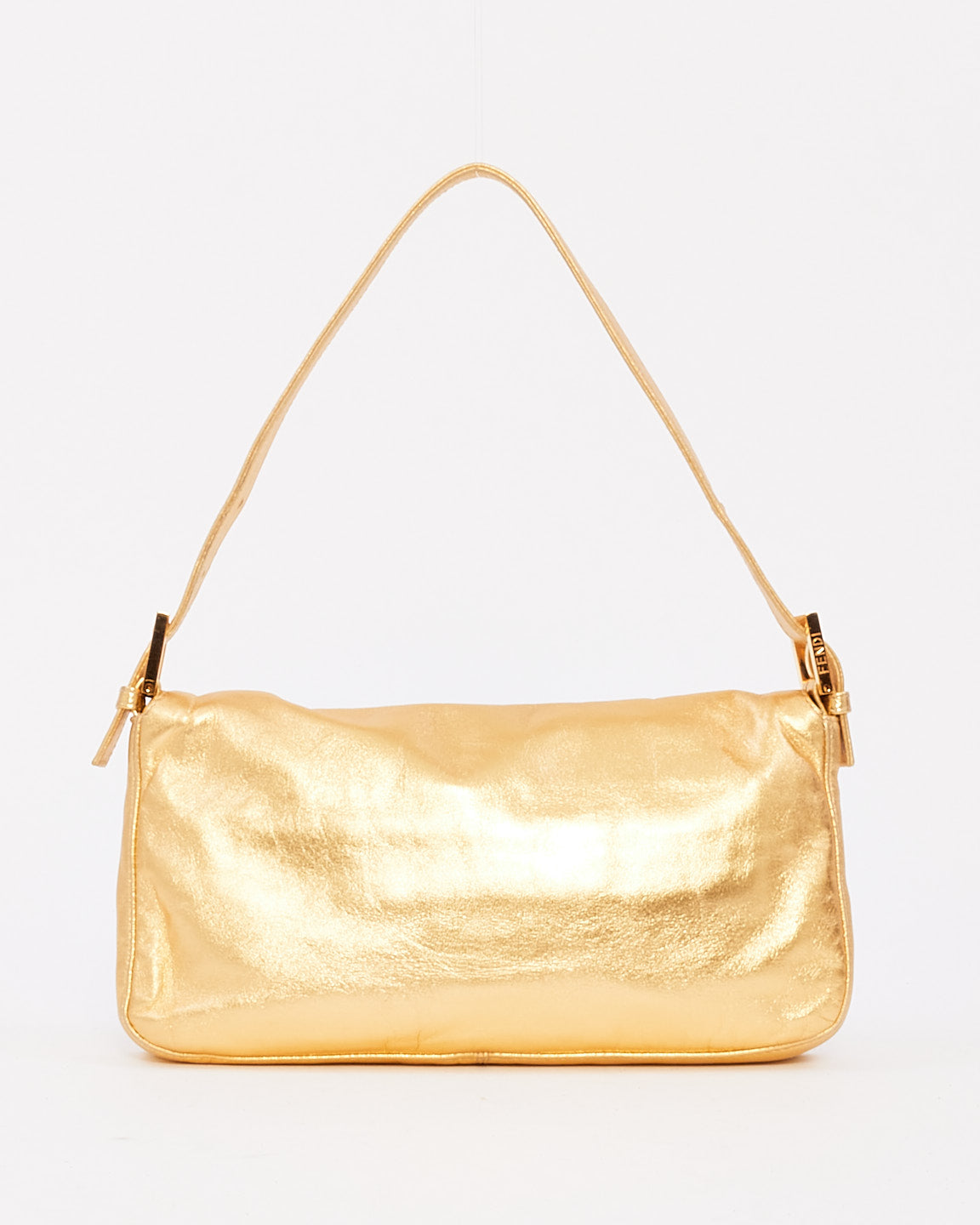 Fendi Gold Leather Crystal Buckle Baguette Bag