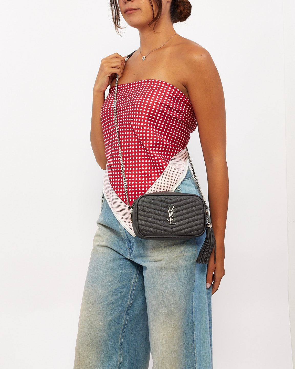 Saint Laurent Grey Quilted Leather Mini Lou Camera Bag