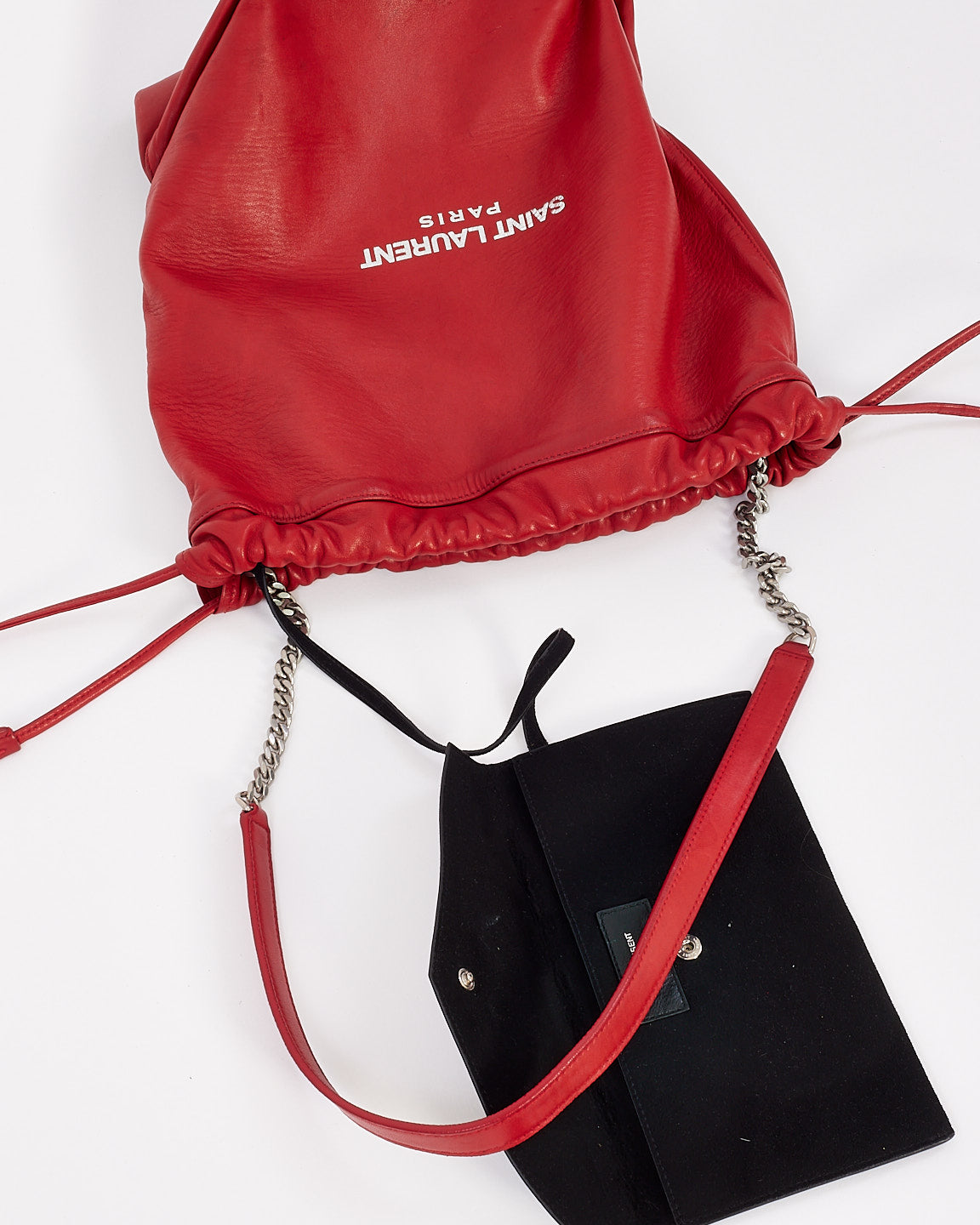 Saint Laurent Red Leather Logo Teddy Bucket Bag