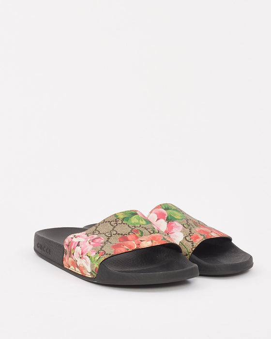 Gucci Beige/Pink Canvas GG Blooms Supreme Slide Sandals - 38