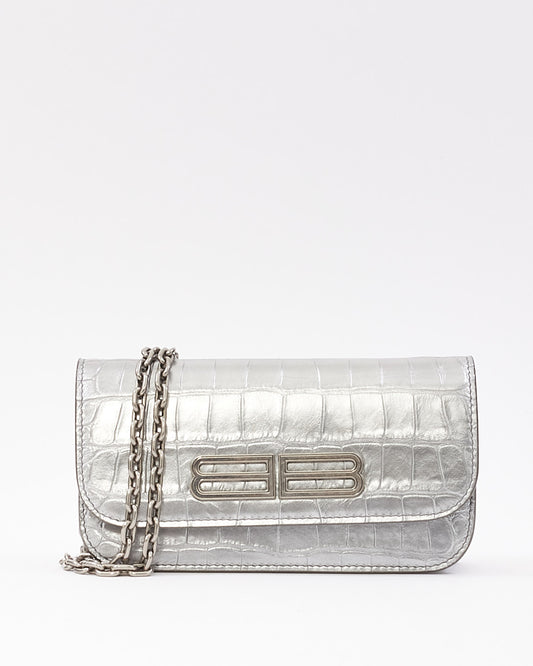Balenciaga Silver Croc Embossed Leather Gossip Mini Bag
