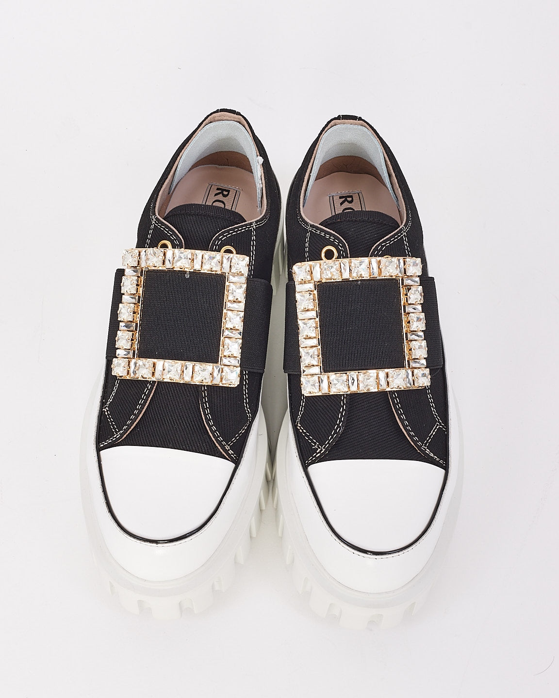 Roger Vivier Black Canvas Go Thick Strass Buckle Slip On Sneakers - 37