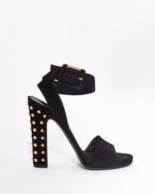  Gucci Black Suede Gold Studded Heel Sandals - 7