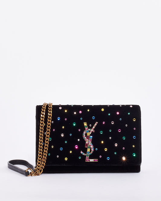 Saint Laurent Black Velvet Crystal Embellished Kate Wallet on Chain Bag