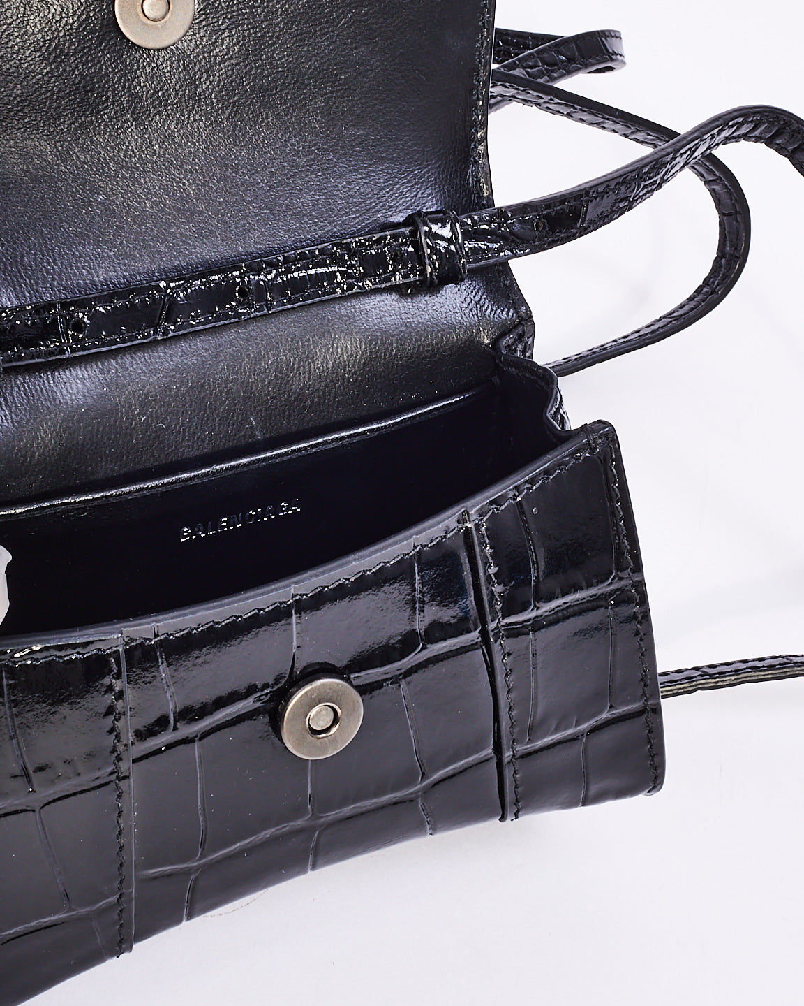 Balenciaga Black Croc Embossed Leather Nano Hourglass Mini Crossbody Bag