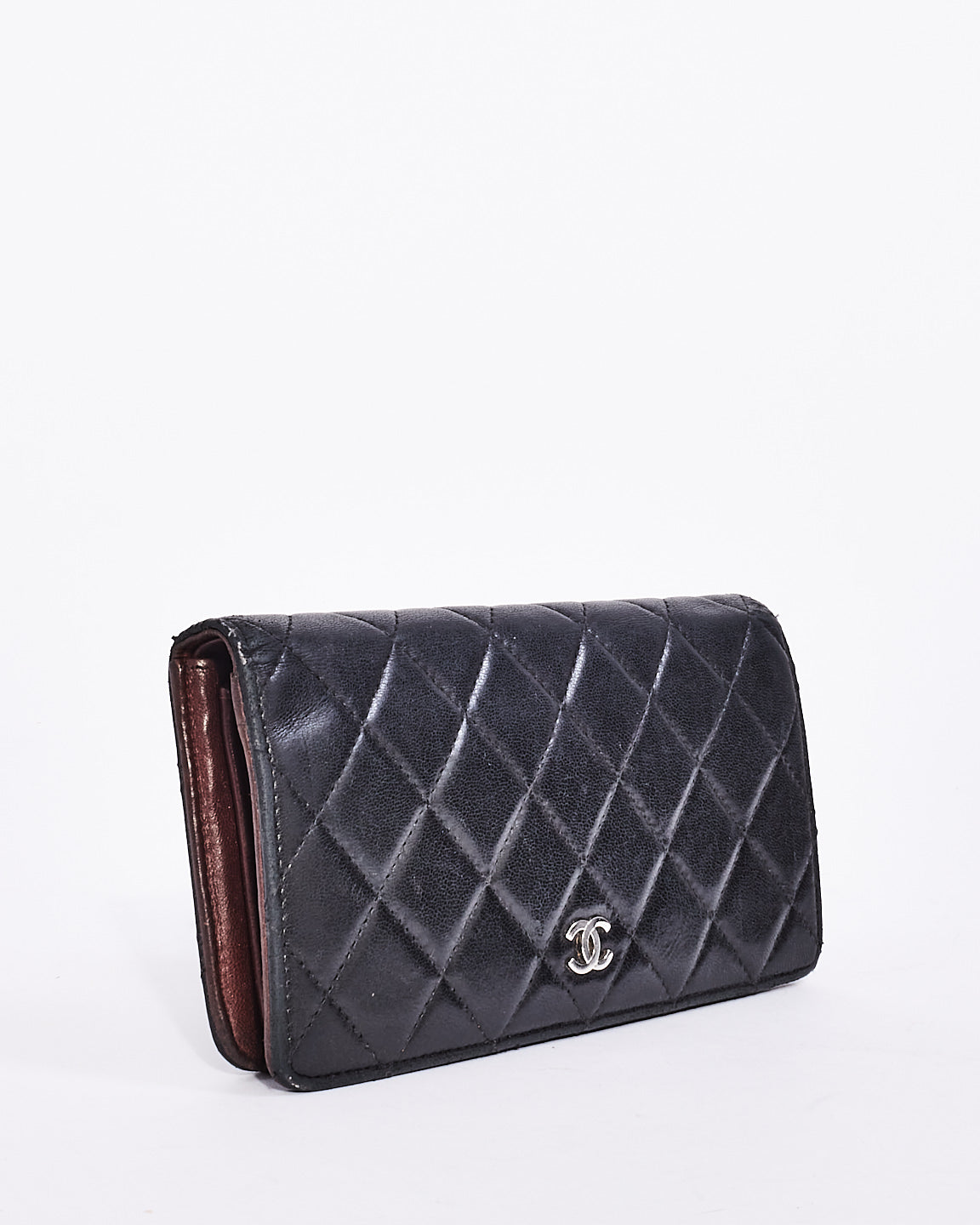 Chanel Black Lambskin Quilted Leather Logo Long Bi-Fold Wallet