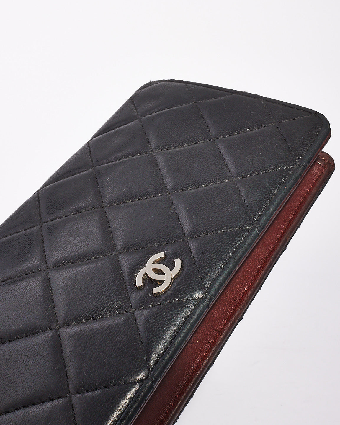 Chanel Black Lambskin Quilted Leather Logo Long Bi-Fold Wallet