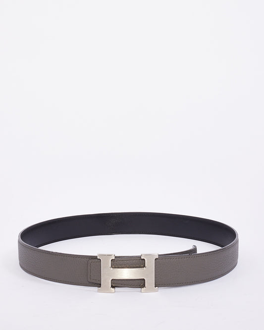 Hermès Grey & Black Leather Brushed Silver Buckle H Belt - 80