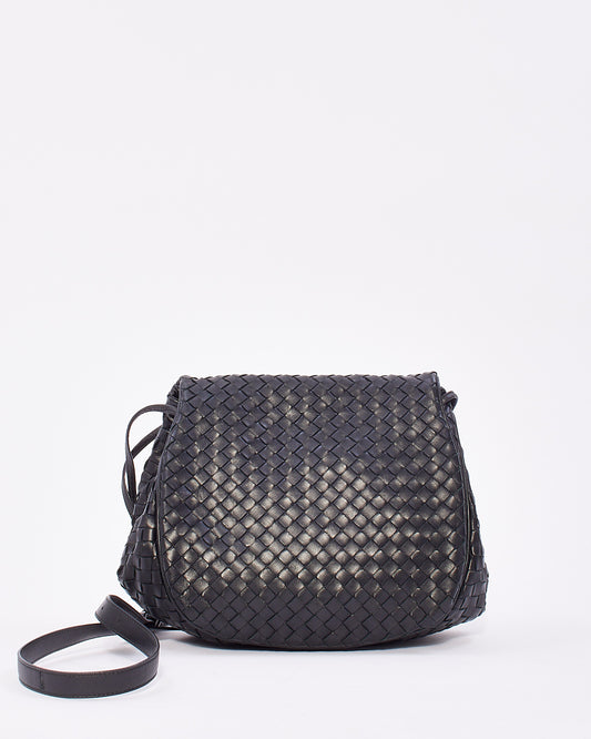 Bottega Vintage Black Leather Intrecciato Messenger Bag