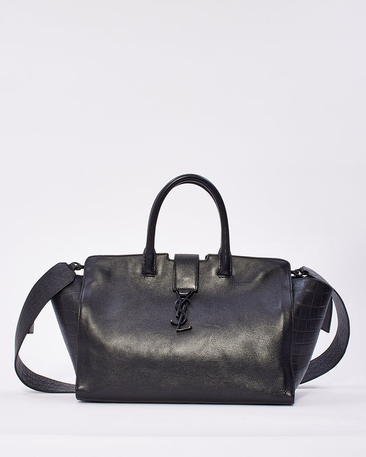 Saint Laurent Black Leather & Croc Embossed Small Downtown Two-Way Cabas Tote Bag