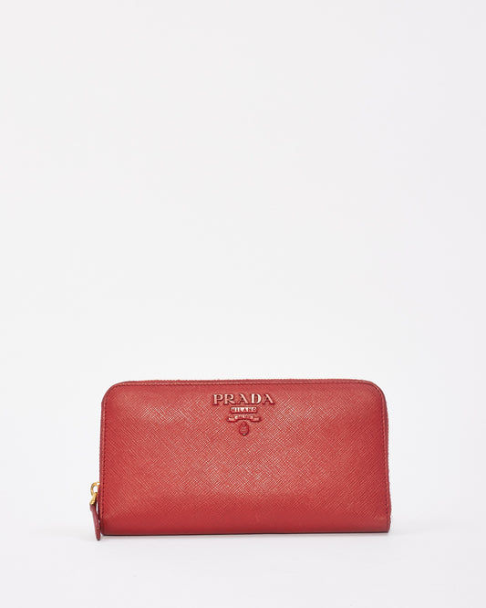Prada Red Saffiano Leather Long Zip Around Wallet