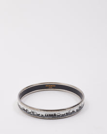  Hermès White & Black Silver Enamel Horse & Carriage Narrow Bangle Bracelet- 65 (M)