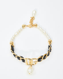  Dolce & Gabbana Pearl & Black Leather DG Logo Chocker