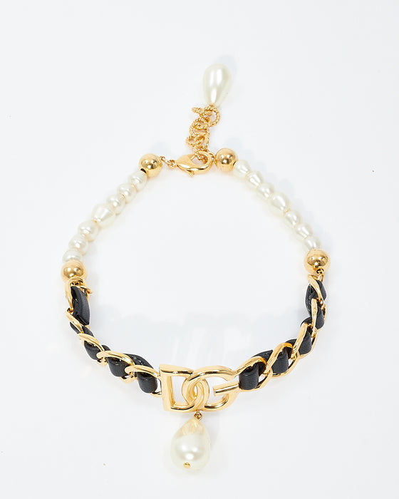 Dolce & Gabbana Pearl & Black Leather DG Logo Chocker