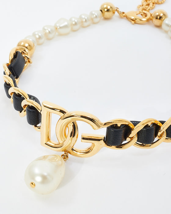 Dolce & Gabbana Pearl & Black Leather DG Logo Chocker