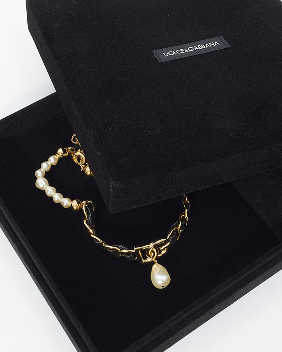 Dolce & Gabbana Pearl & Black Leather DG Logo Chocker