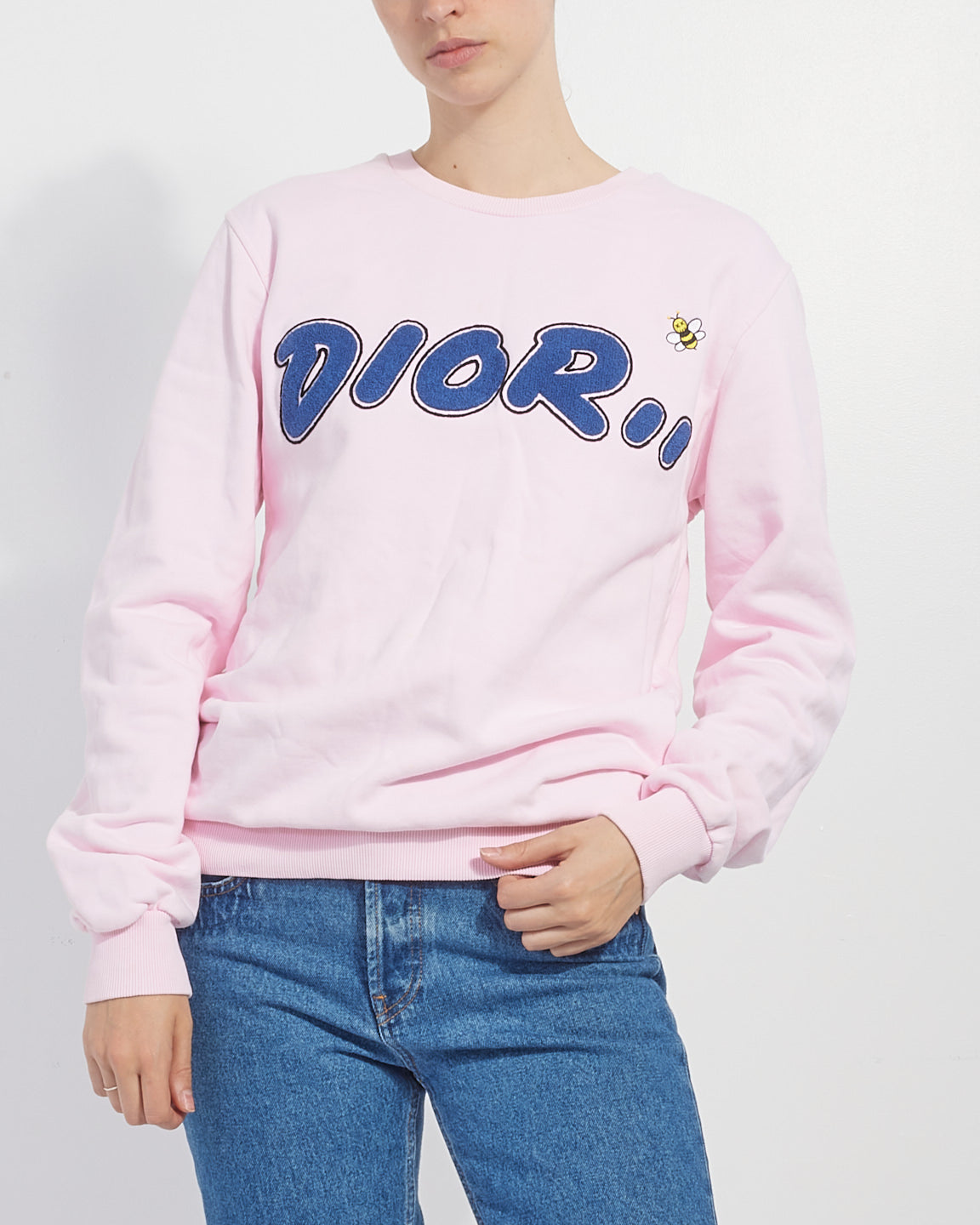 Pull surdimensionné à col rond en coton rose avec logo bleu Dior - S