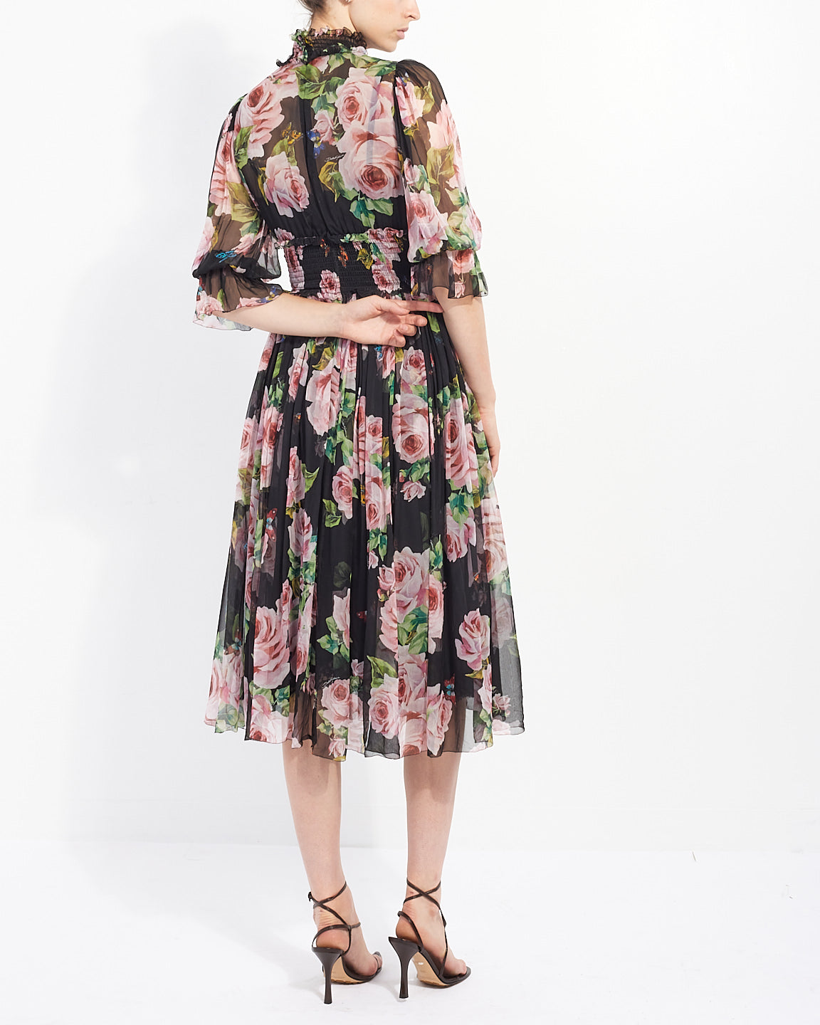 Dolce &amp; Gabbana Robe à manches longues florale en soie noire et rose - 42