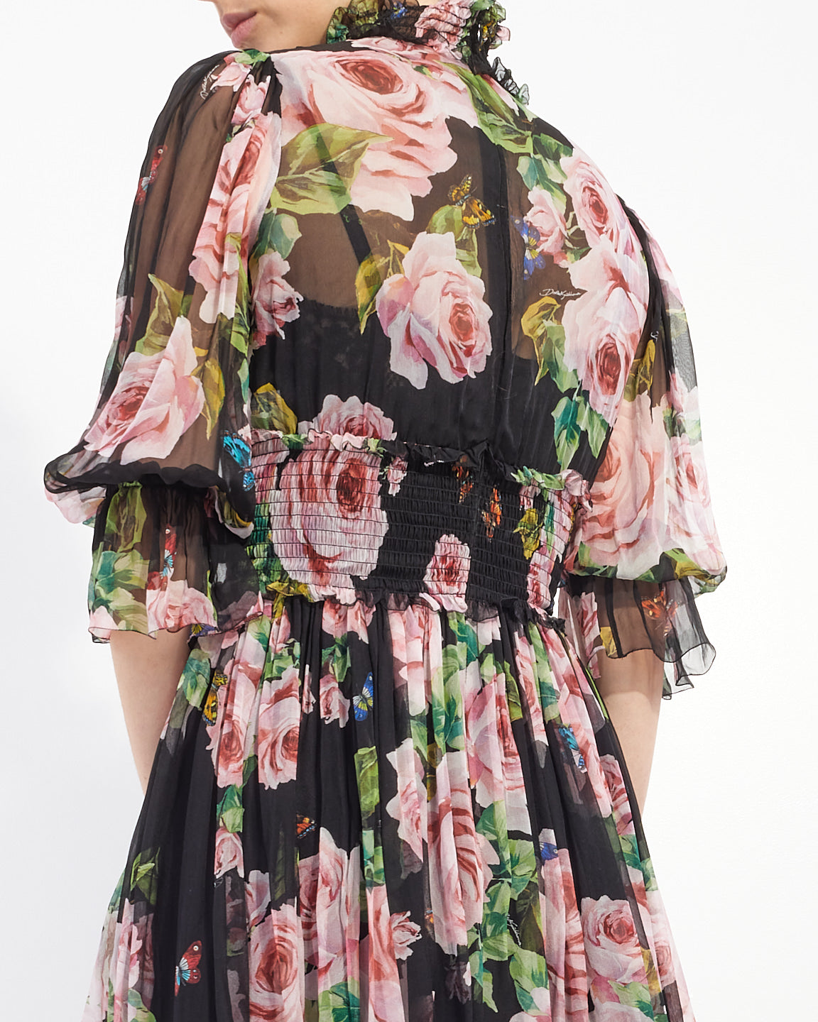 Dolce & Gabbana Black & Pink Silk Floral Long Sleeve Dress - 42