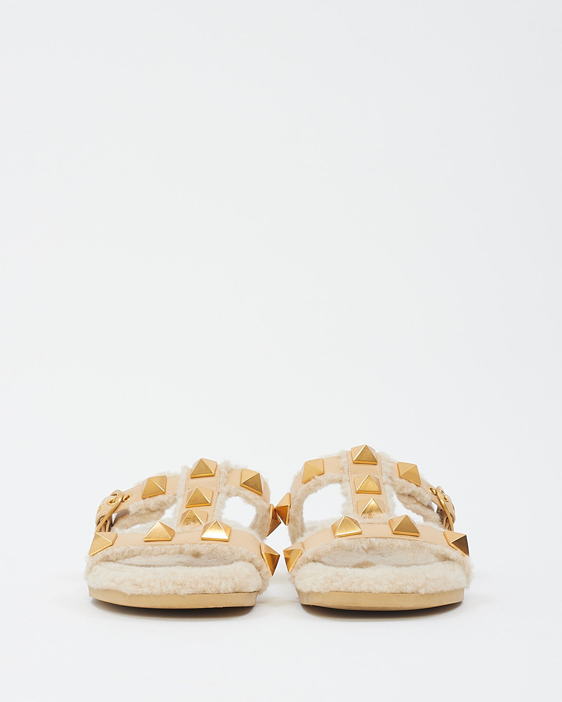 Valentino Beige Roman Stud Leather And Shearling Slide Sandals - 40