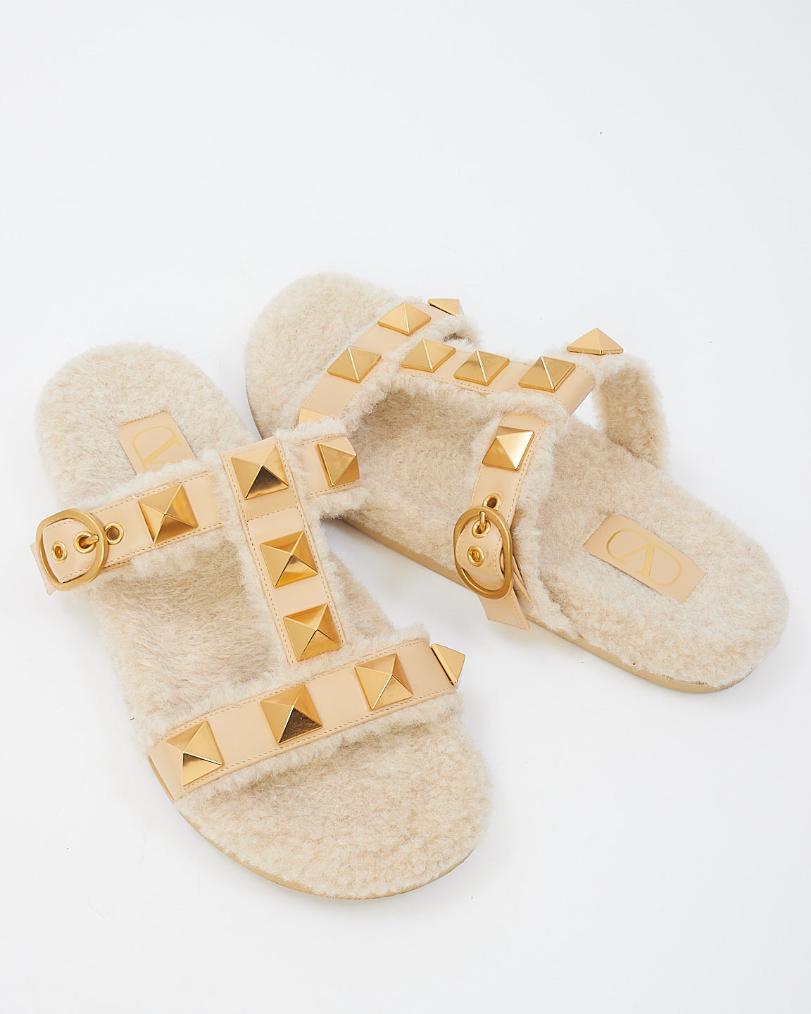 Valentino Beige Roman Stud Leather And Shearling Slide Sandals - 40