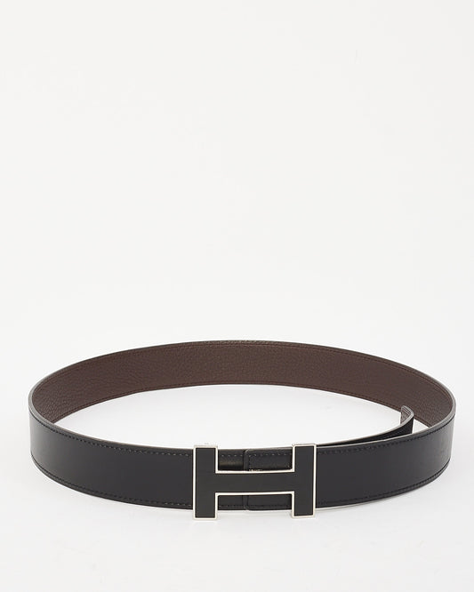 Hermès Black & Brown Leather Black Buckle H Belt - 80
