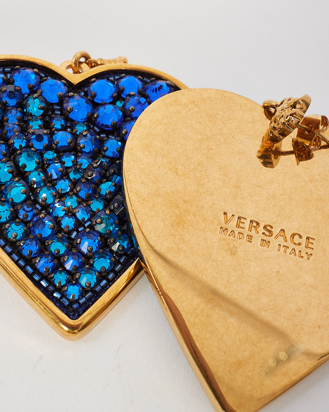 Versace Blue Gold Crystal Large Heart Medusa Earrings