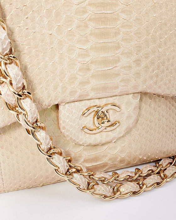 Chanel Beige Iridescent Python Jumbo Classic Double Flap Bag