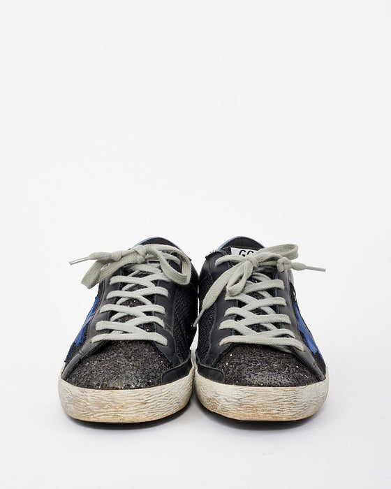 Golden Goose Black/Blue Leather and Glitter Low Top Superstar Sneakers - 38