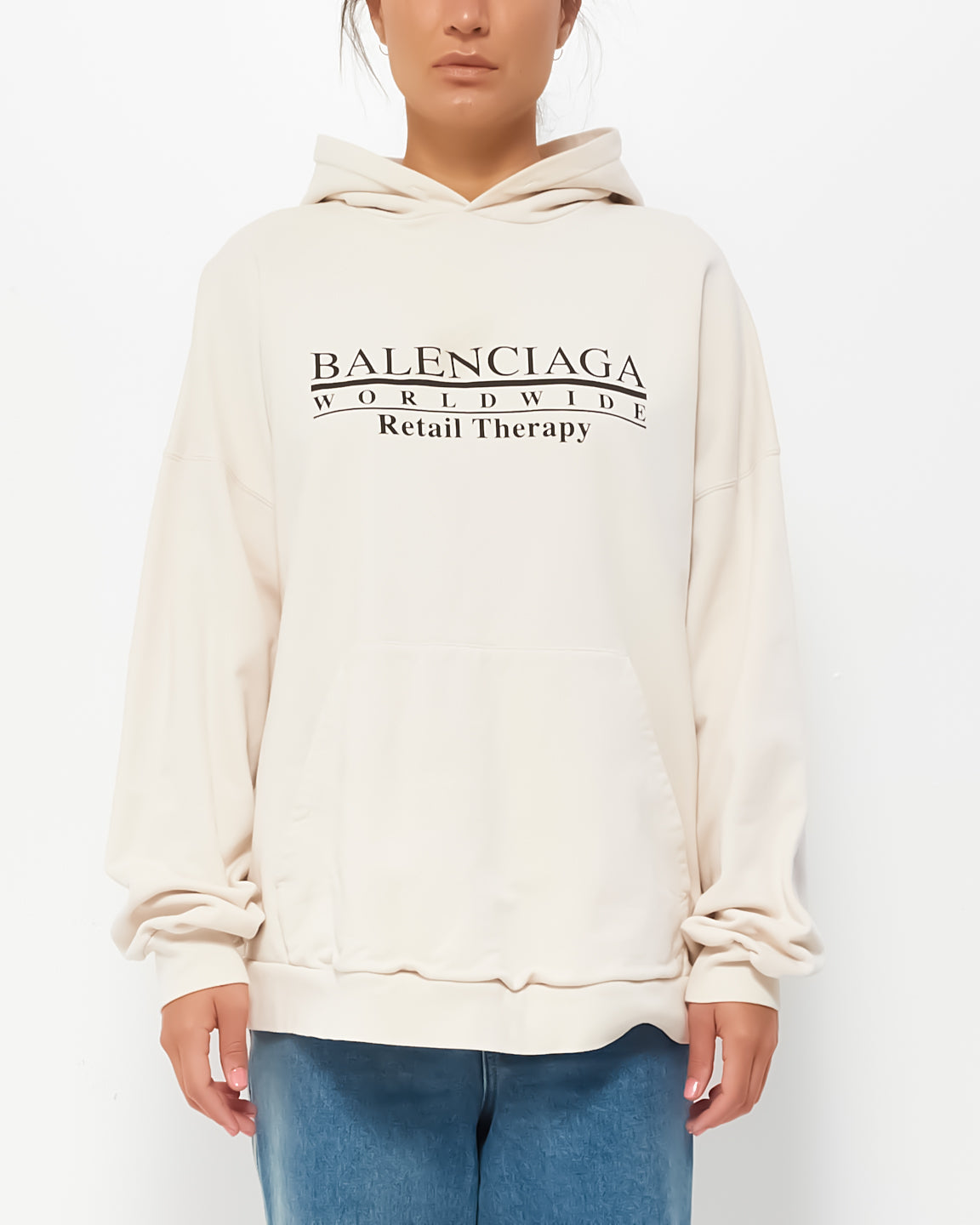 Balenciaga Beige Cotton Unisex Logo Hoodie  - 2