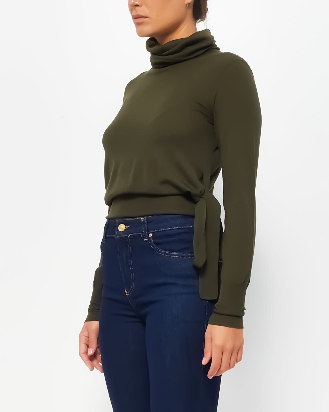 Chanel Army Green Wool Turtleneck Belt Tie Sweater - 40