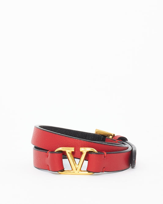 Valentino Red Leather V Logo Leather Bracelet