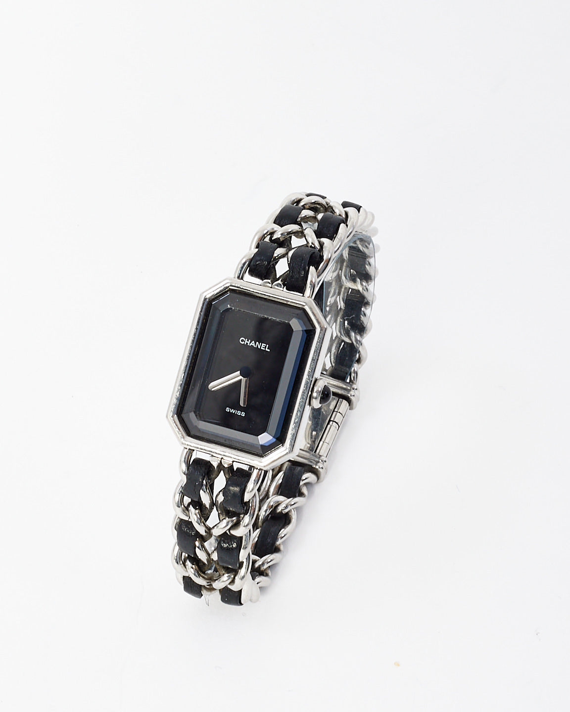 Chanel Sterling Silver & Black Leather Premiere Iconic Chain Watch