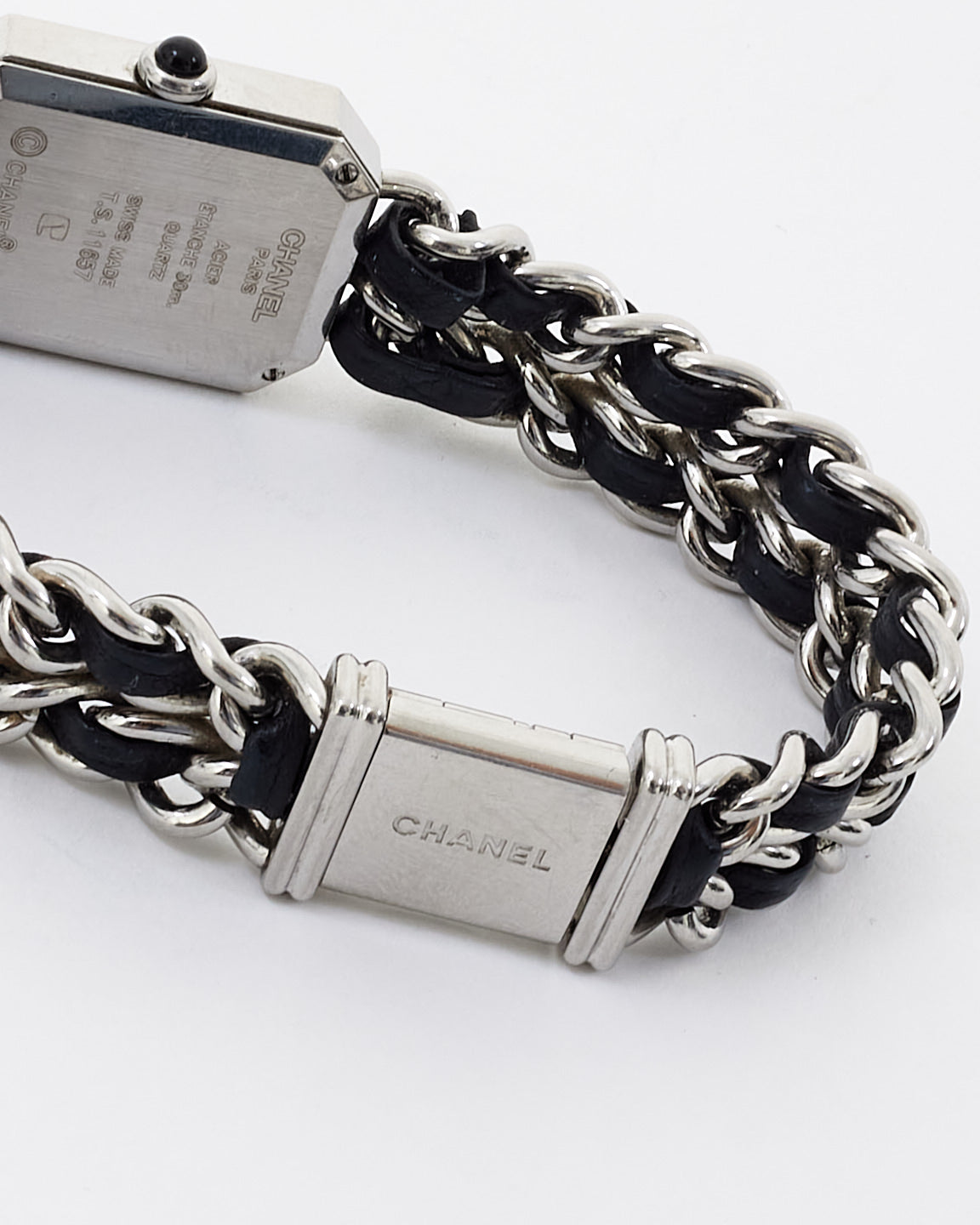 Chanel Sterling Silver & Black Leather Premiere Iconic Chain Watch