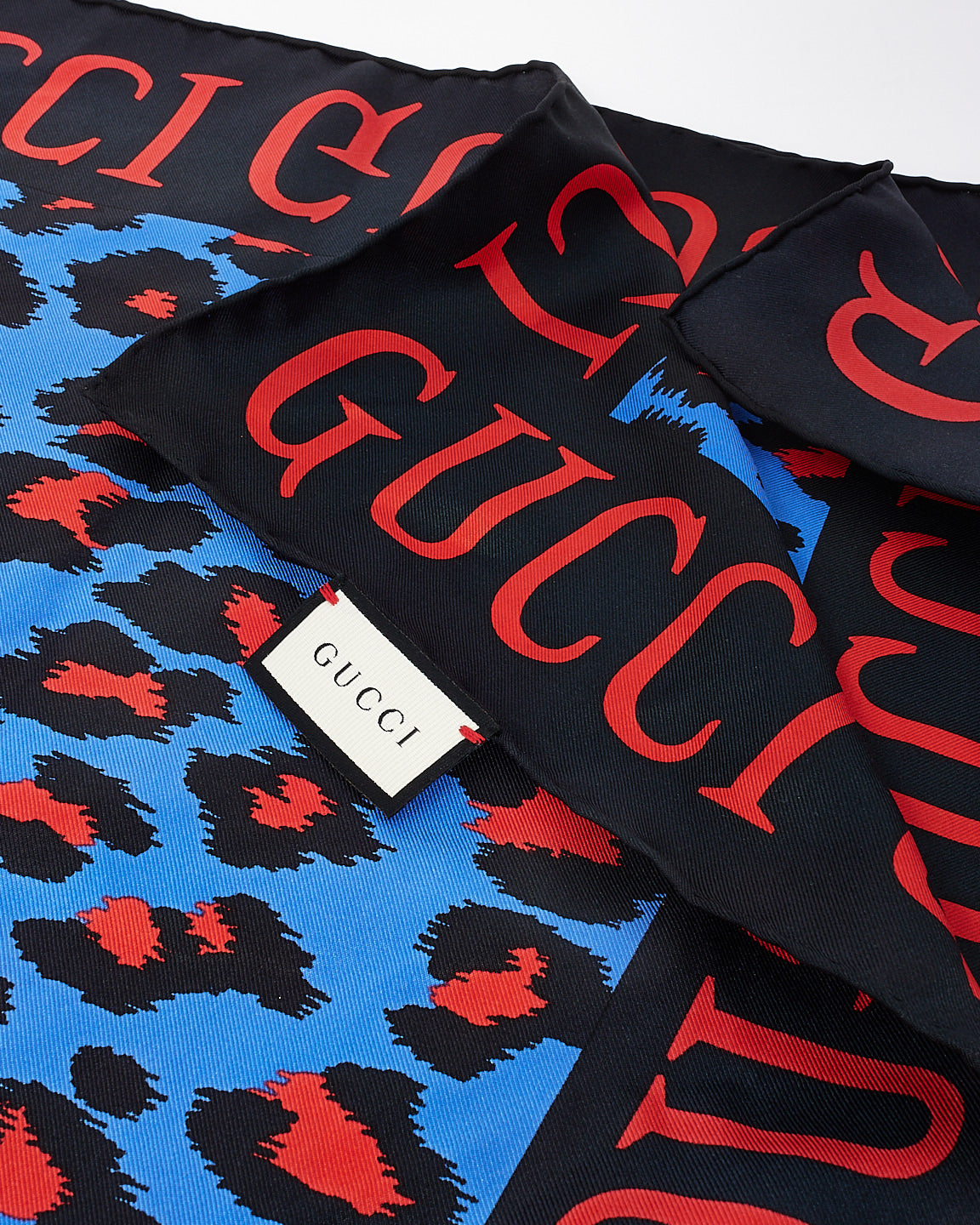 Gucci Blue & Red Leopard Print Silk Scarf