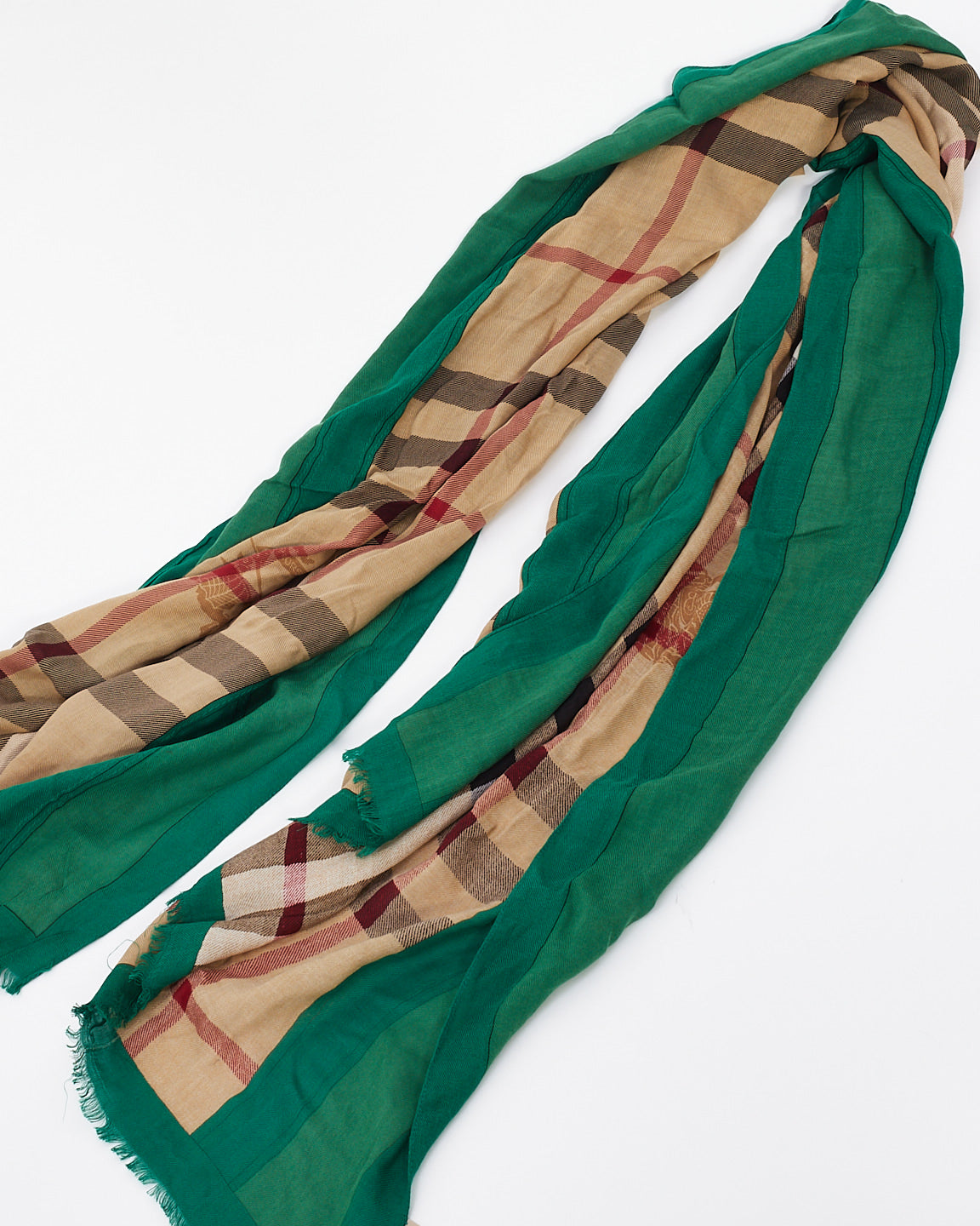 Burberry Beige & Green Check Print Cotton Scarf