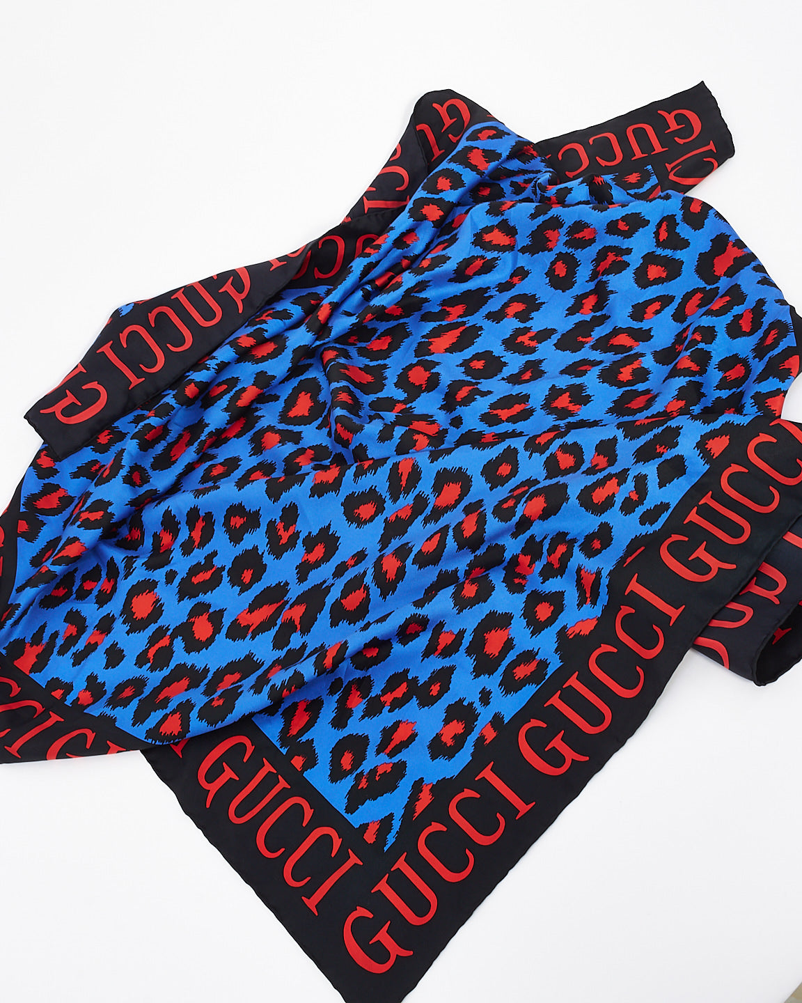 Gucci Blue & Red Leopard Print Silk Scarf
