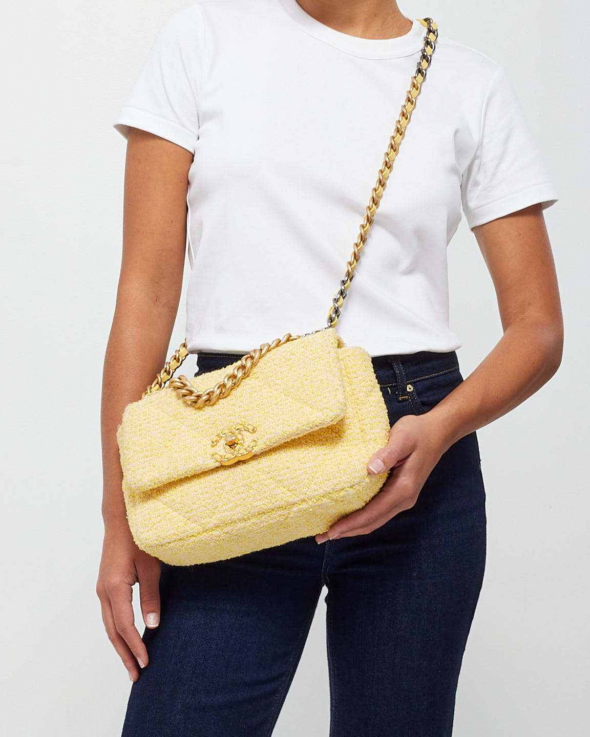 Buy Chanel Yellow Tweed Medium 19 Shoulder Bag Authenticated Pre