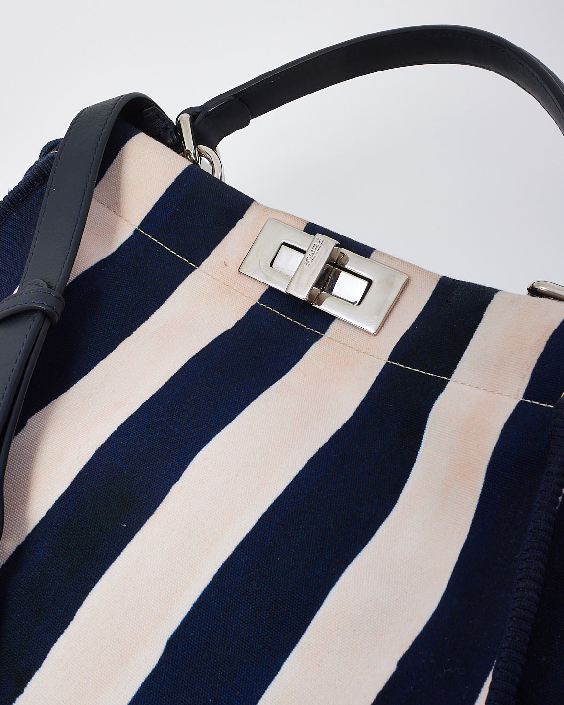 Fendi Pink & Navy Stripe Canvas Peekaboo Shoulder Bag with Floral Strap