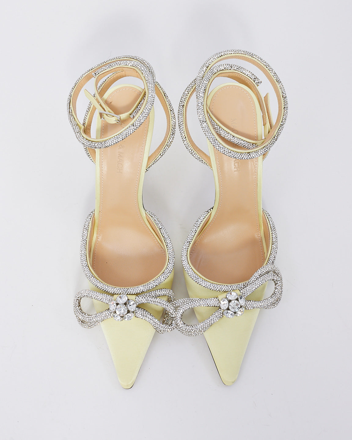Mach & Mach Yellow Satin Crystal Bow Accents Slingback Pumps -40
