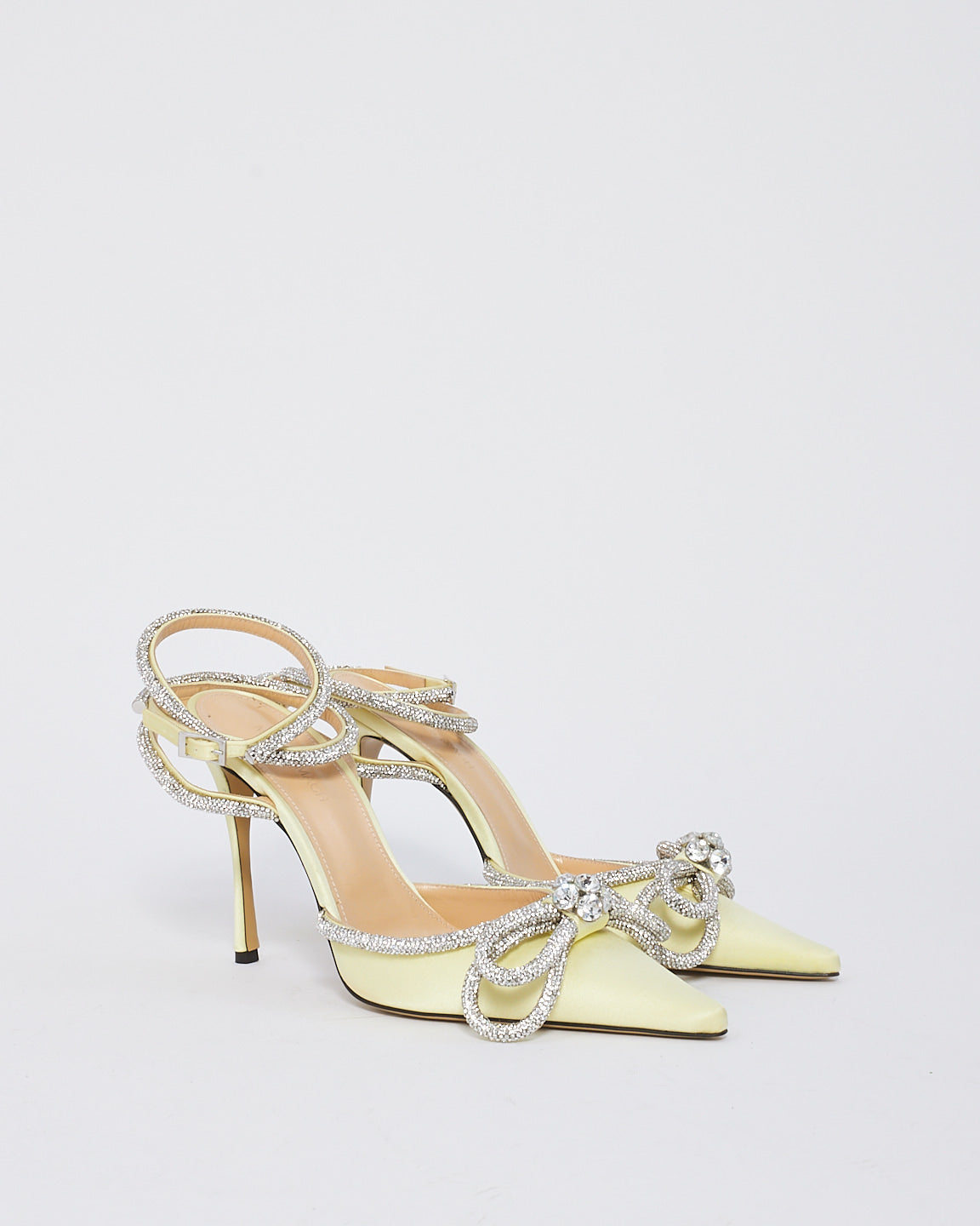 Mach & Mach Yellow Satin Crystal Bow Accents Slingback Pumps -40