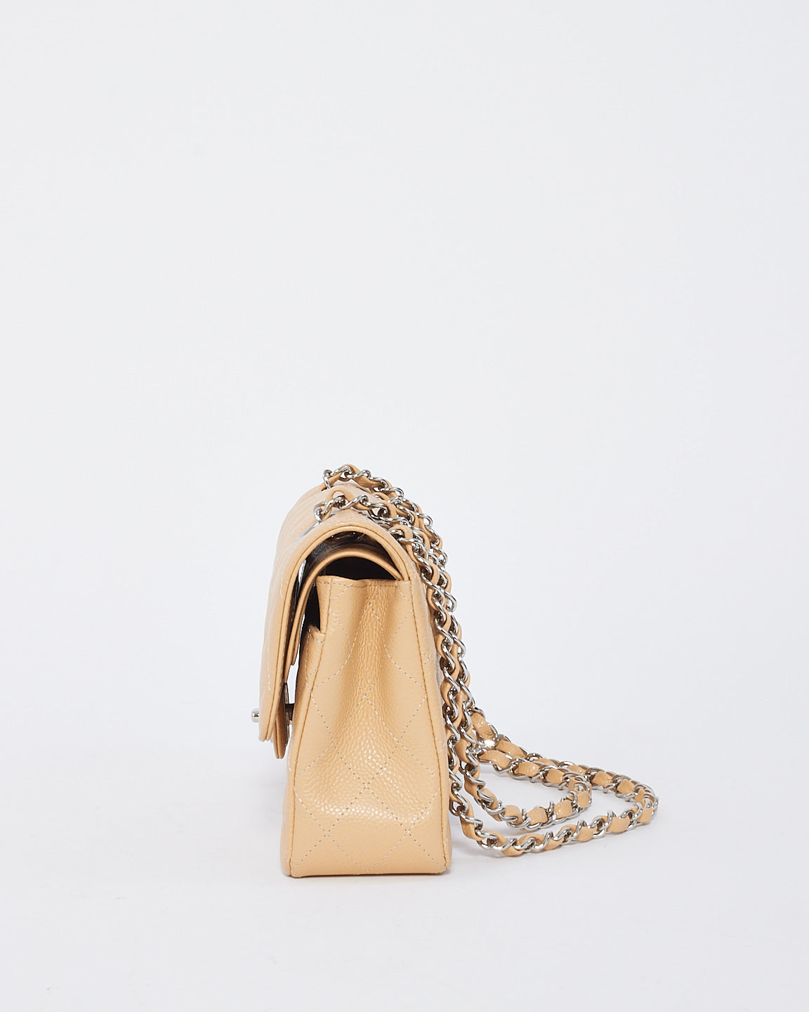 Petit sac à bandoulière classique à double rabat en cuir caviar beige Chanel avec SHW