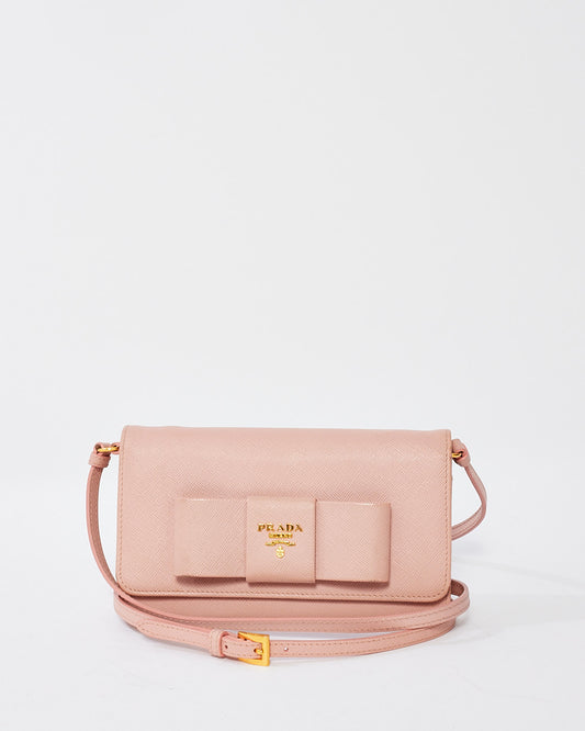 Prada Pink Saffiano Leather Bow Wallet On Chain