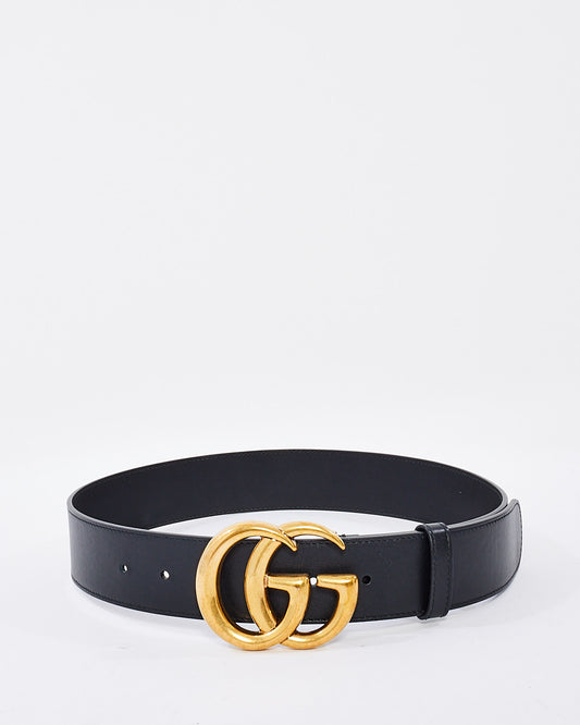 Gucci Black Smooth Leather Brushed Gold Double GG Marmont Belt - 75/30