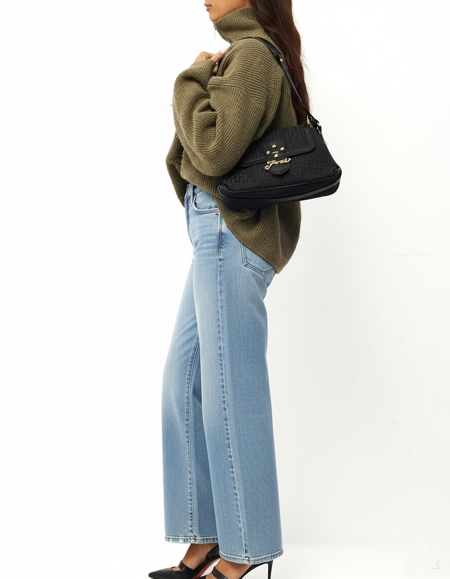 Fendi Black FF Zucchino Canvas GHW Fendi Logo Shoulder Bag