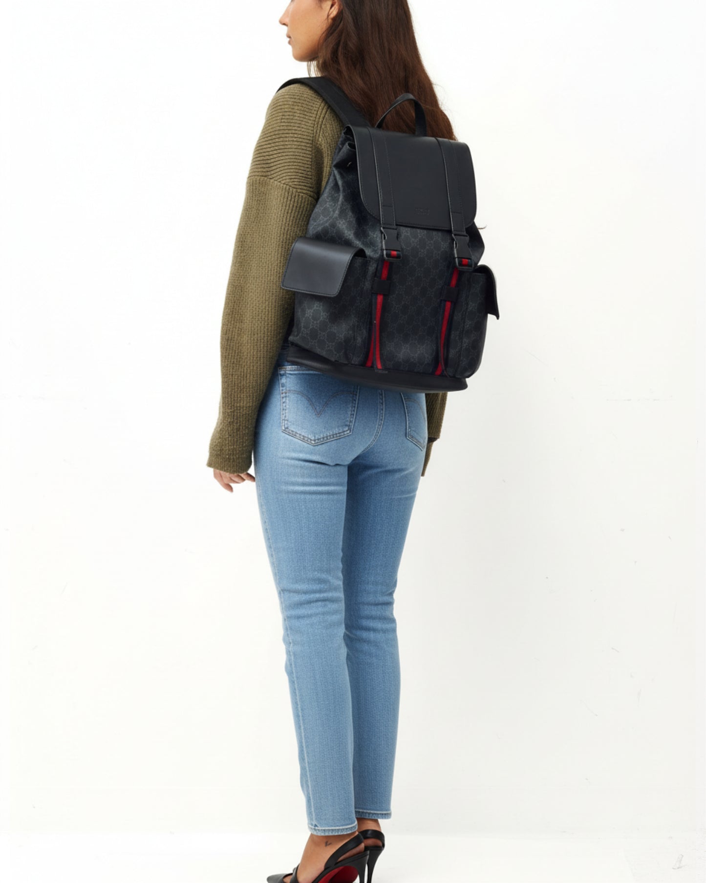 Gucci Black Soft Calfskin and Monogram GG Supreme Canvas Web Double Buckle Backpack