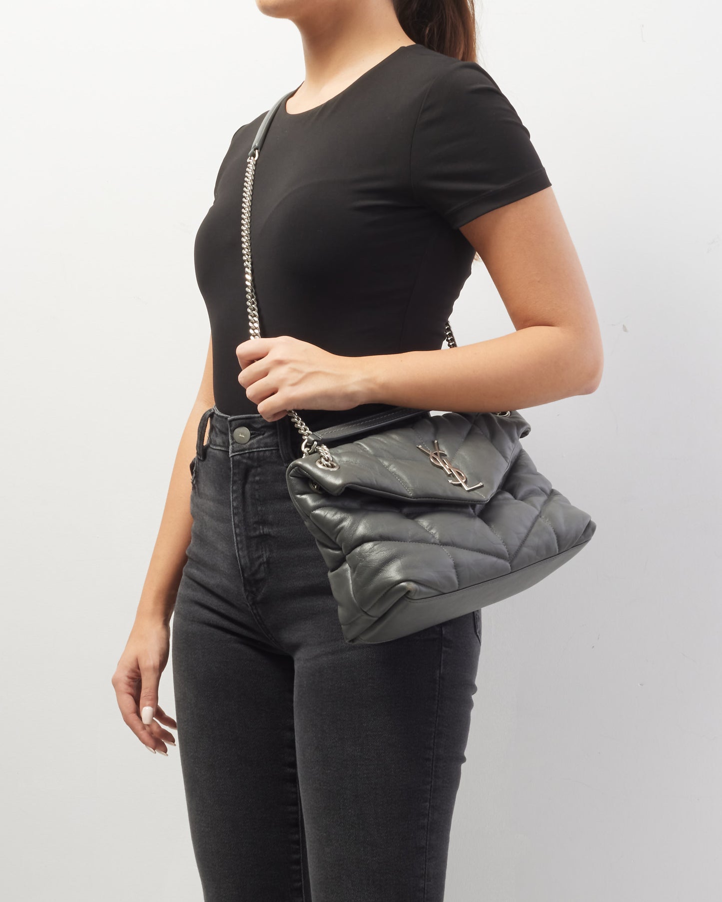 Saint Laurent Grey Leather Small Lou Puffer Shoulder Bag