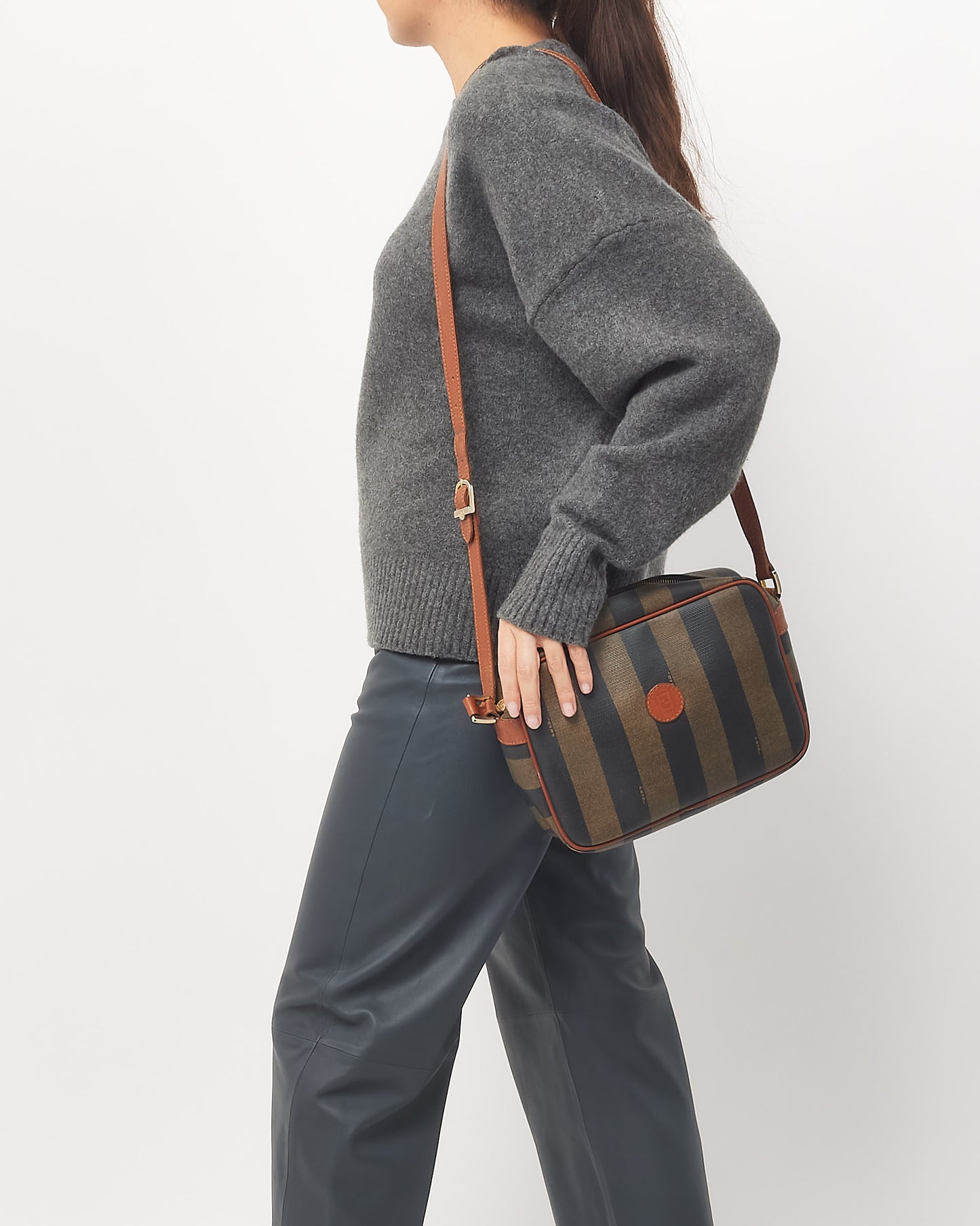 Fendi Vintage Brown & Black Stripe Coated Canvas Crossbody Bag